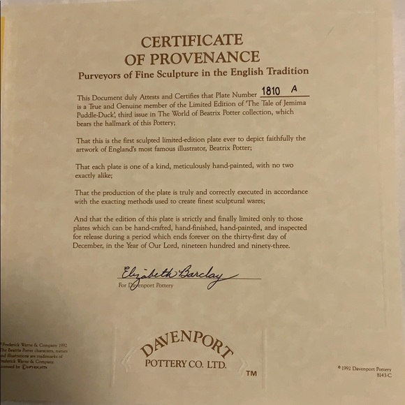 PLATE # 3 Davenport Pottery The Tale Of Jemima Puddle Duck Limited Raised Plate - Picture 5 of 8